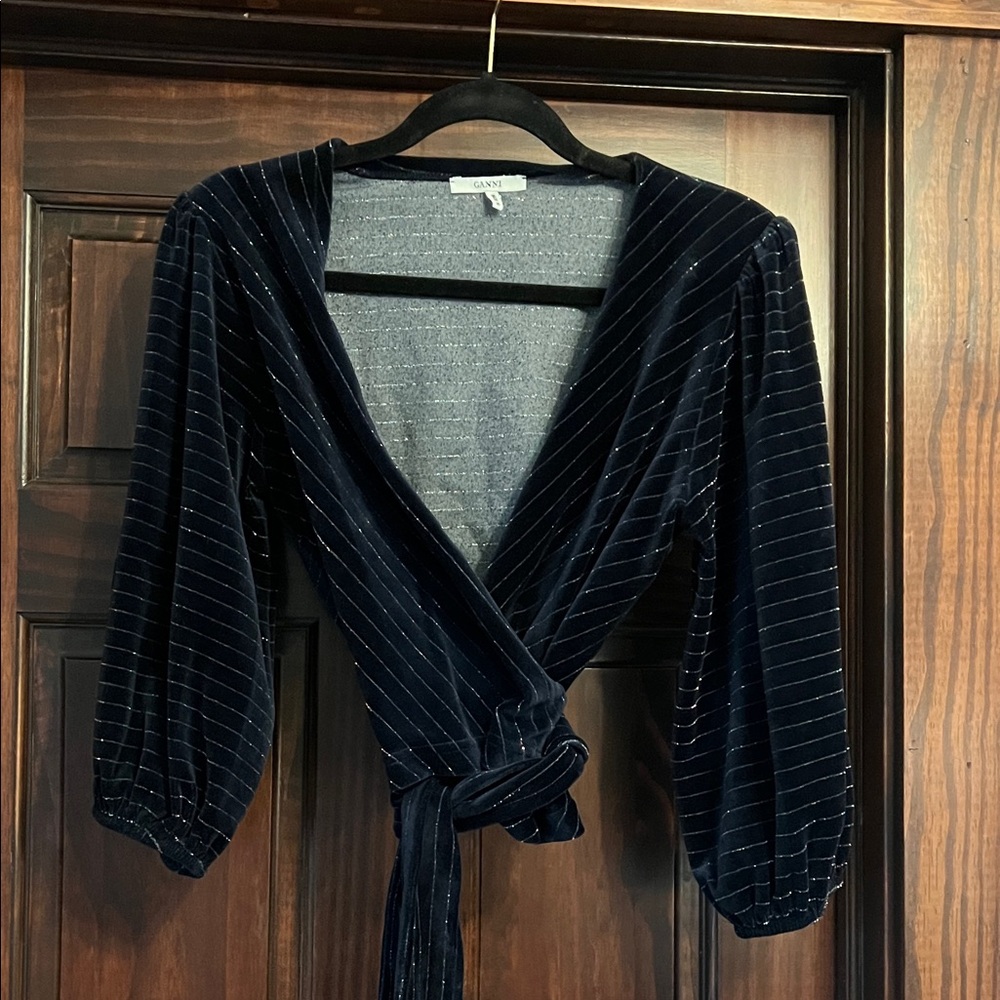 Size 38 Ganni Elegant Navy Wrap Top Sparkle Stripes
